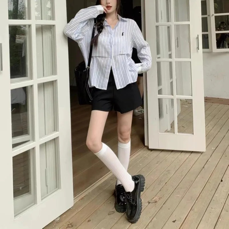 Deeptown Vintage Long Sleeve Striped Shirts Youthful Woman Korean Style Y2k Blouses Japanese Harajuku Fashion Female Tops Summer 240806