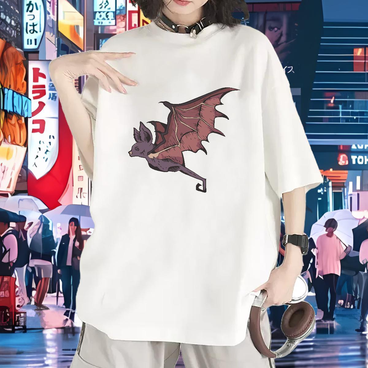 Soft Womens T Shirts Short Sleeve O-Neck Womens Tshirts Cartoon Print bat High Street Hip Hop 100% Cotton 230g 2024 Casual Top Shirts