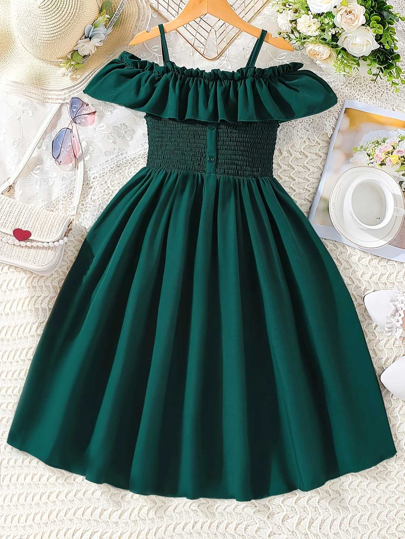 Summer girls high school girls big girls dark green pleated shoulder elegant dressW240720