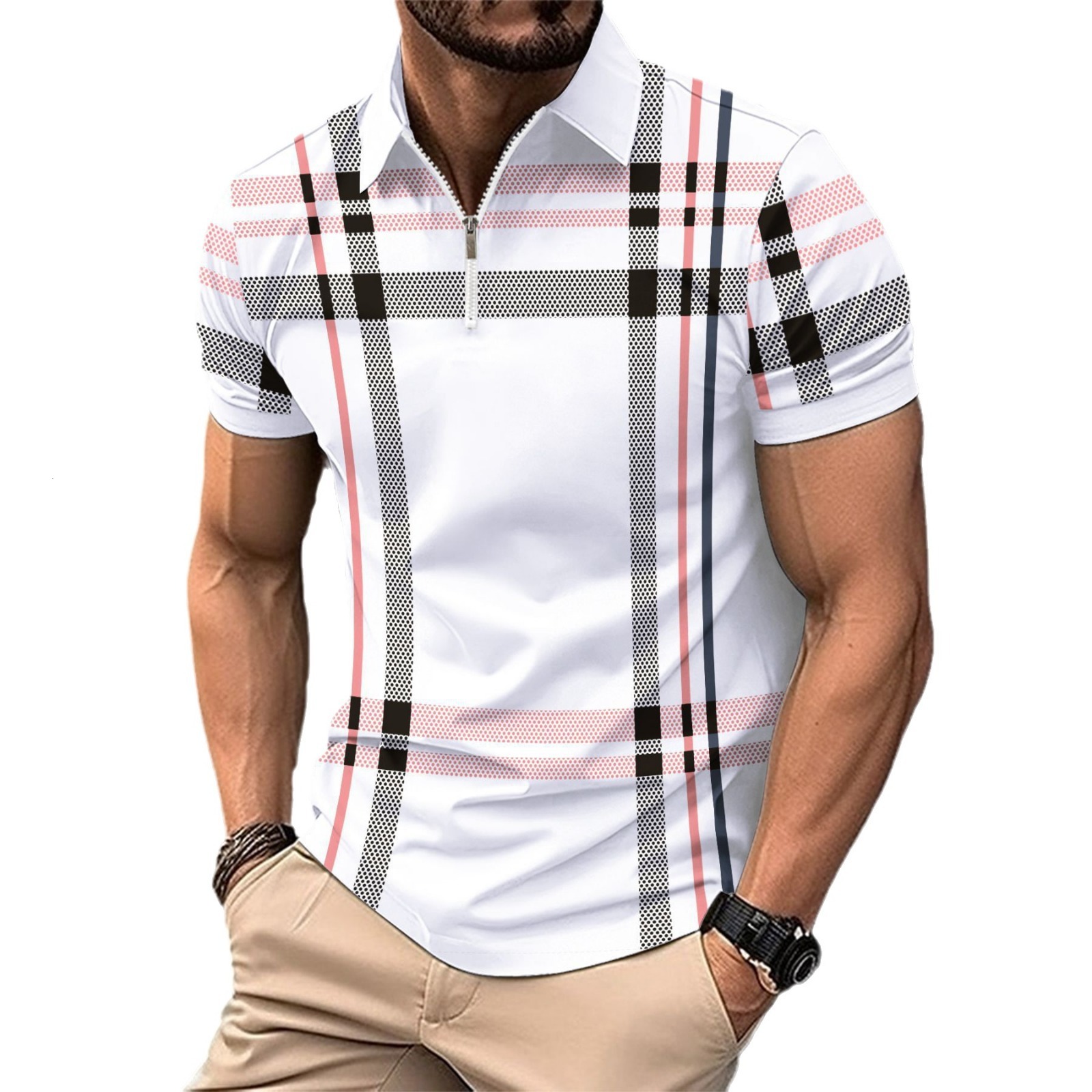 Summer Speed Sale Men's Printed Checkered Stripe Zipper Sports Polo Shirt