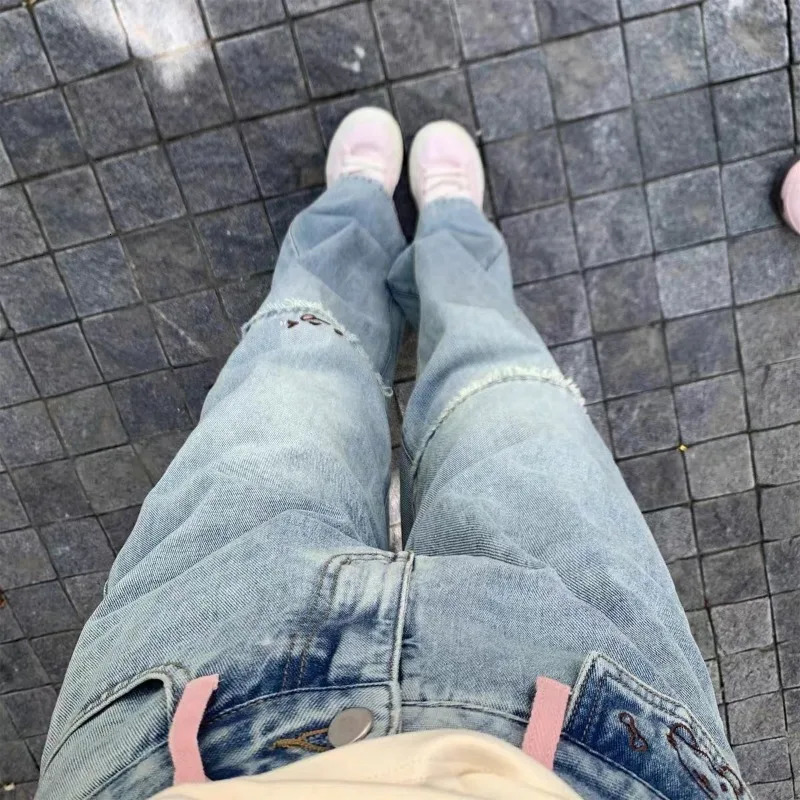 Vintage Washed Embroidery Denim Pant Women Korean Y2k Wide Leg Jeans Preppy Style Kawaii Straight Ankle Length Pants 240806