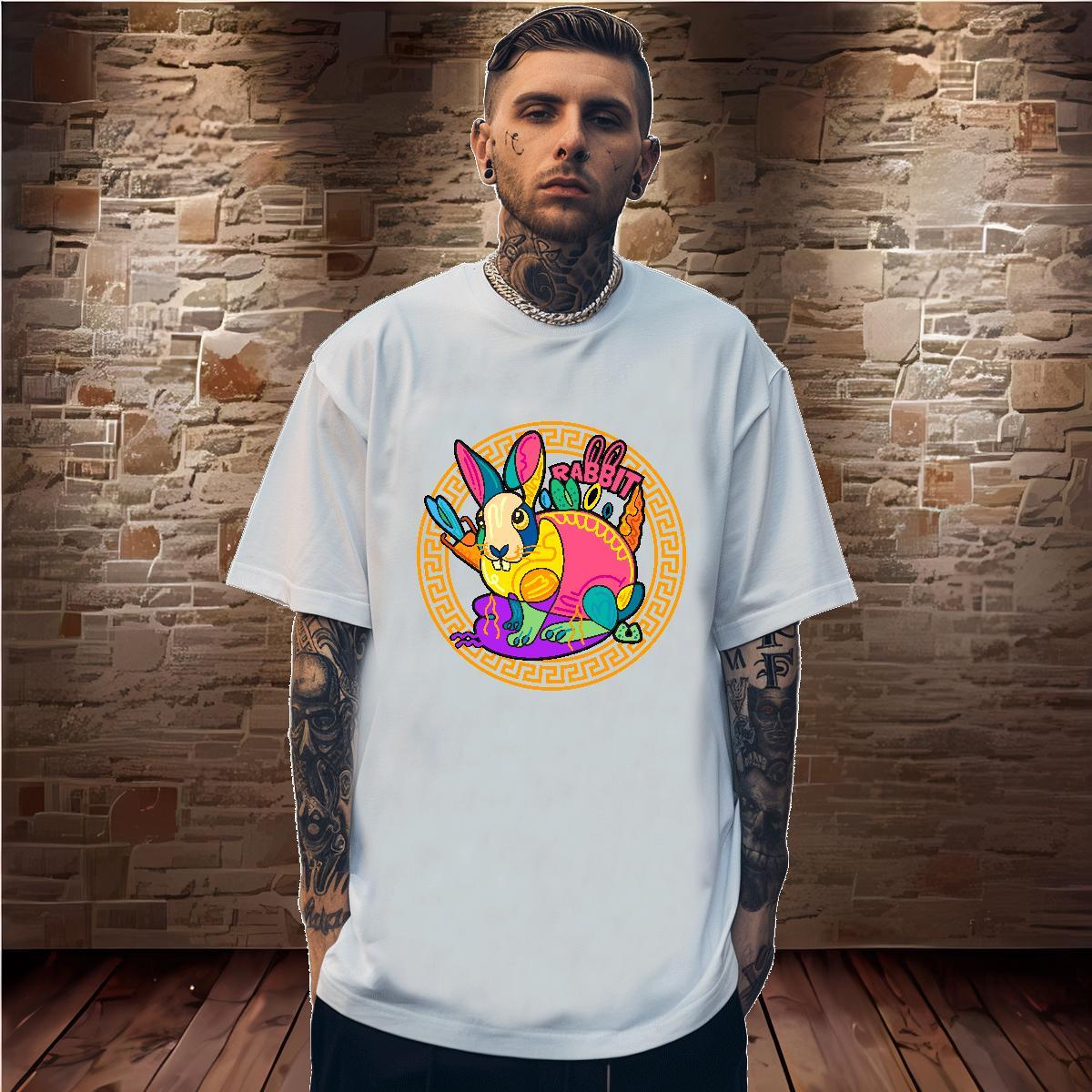 T Shirt For Man 230g 100% Cotton rabbit Home Outdoor Breathable Crew Neck Custom Print Oversized Mens Tshirts Fashion New Soft Tops Tees