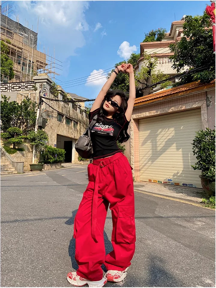 Casual Red Color Women Y2k Street Hip Hop Sweatpants Oversized Trousers Vibe Dance Jazz Long Baggy Cargo Pants Womens Clothing 240806
