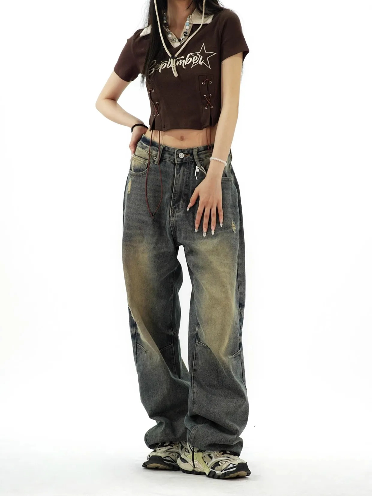 WCFCX STUDIO Y2K Distressed Baggy Jeans Women Vintage 90s Oversize Wide Leg Denim Pants Gyaru Harajuku Jeans 240806