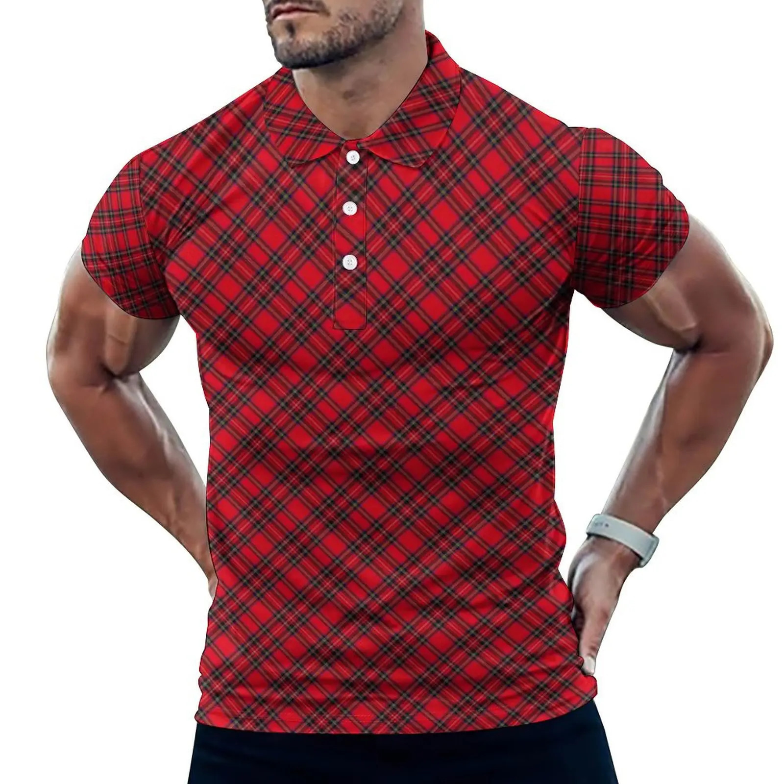 Red and black checkered polo shirt mens line printed casual summer retro collar Tshirt short sleeved oversized dress 240806