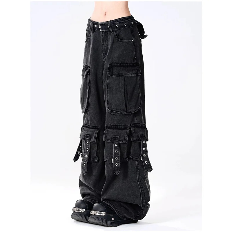 American Black Heavy Industry Multi-Pocket Cargo Pants Women Y2K Streetwear Hip Hop Loose Washed High Waist Straight Jeans 240806