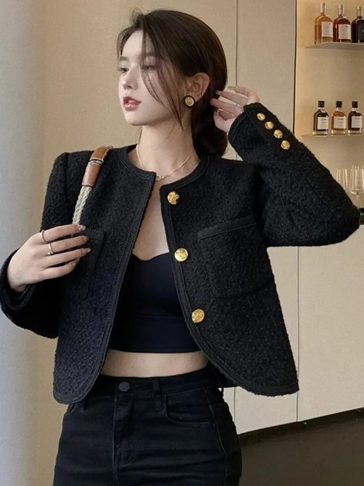 Women O-neck Tweed Cropped Woolen Jackets Korean Single Breasted Wool Blend Tops Coats Spring Fall Casual Short Chic Abrigos 240806