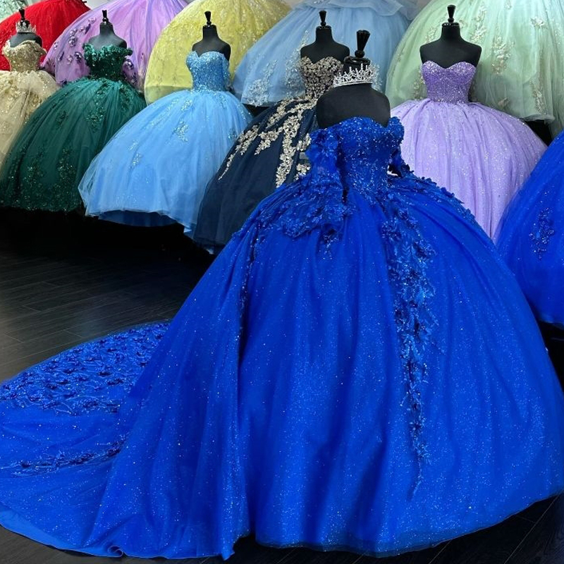 Royal Blue Shiny Sweetheart Quinceanera Dresses Applique Lace Beaded Crystal Long Sleeved Ball Gown Vestidos de 15 Anos Sweet 16 Dress