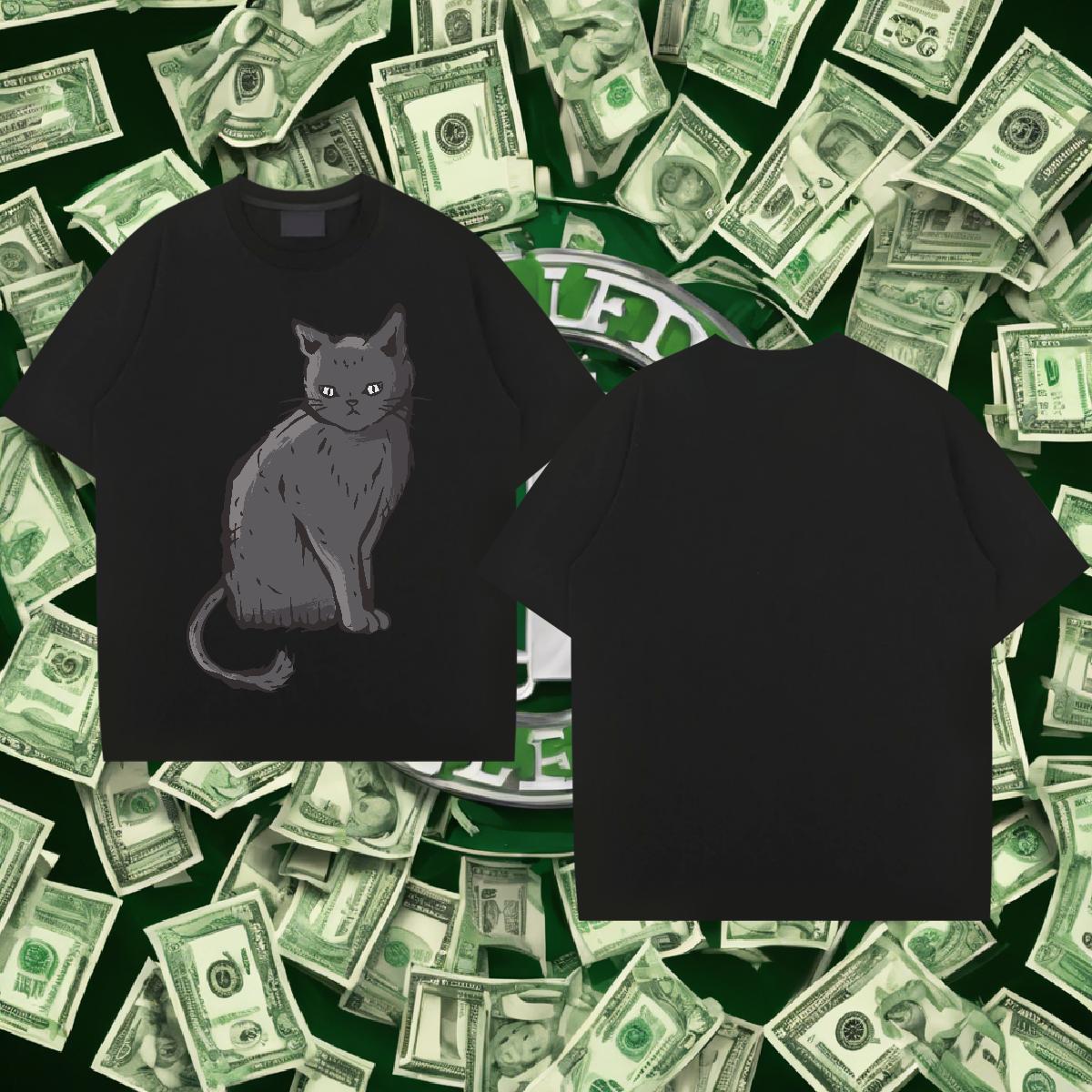 Loose Fit Men Tops Tees 230g Cotton Street Casual cat Cartoon Printing L-4XL Breathable Free Shipping Men T Shirts Clothes