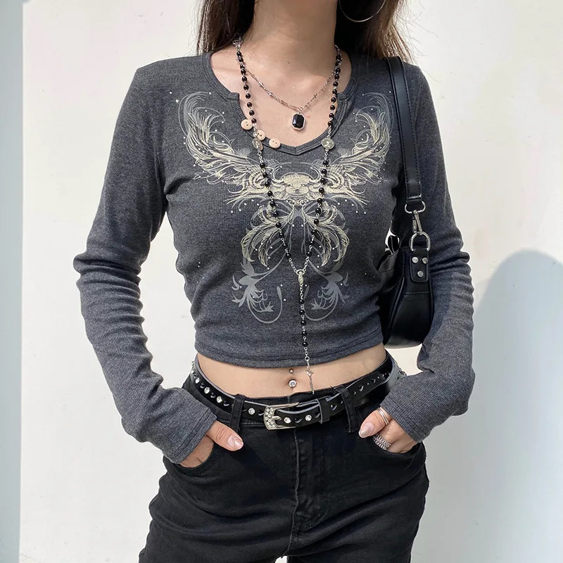 Gothic Y2K Tees Grunge Fairy Casual Party Womens Round Neck Tight Tops intage Heart Wings Print Long Sleeve Slim Fit Pullovers 240806