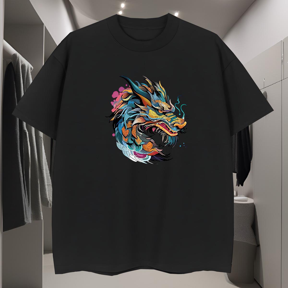 T Shirt For Man 230g Pure Cotton Colorful Dragon Head Hip Hop Street Breathable Crew Neck White Plus Size Couples T Shirts Custom Brand Wear