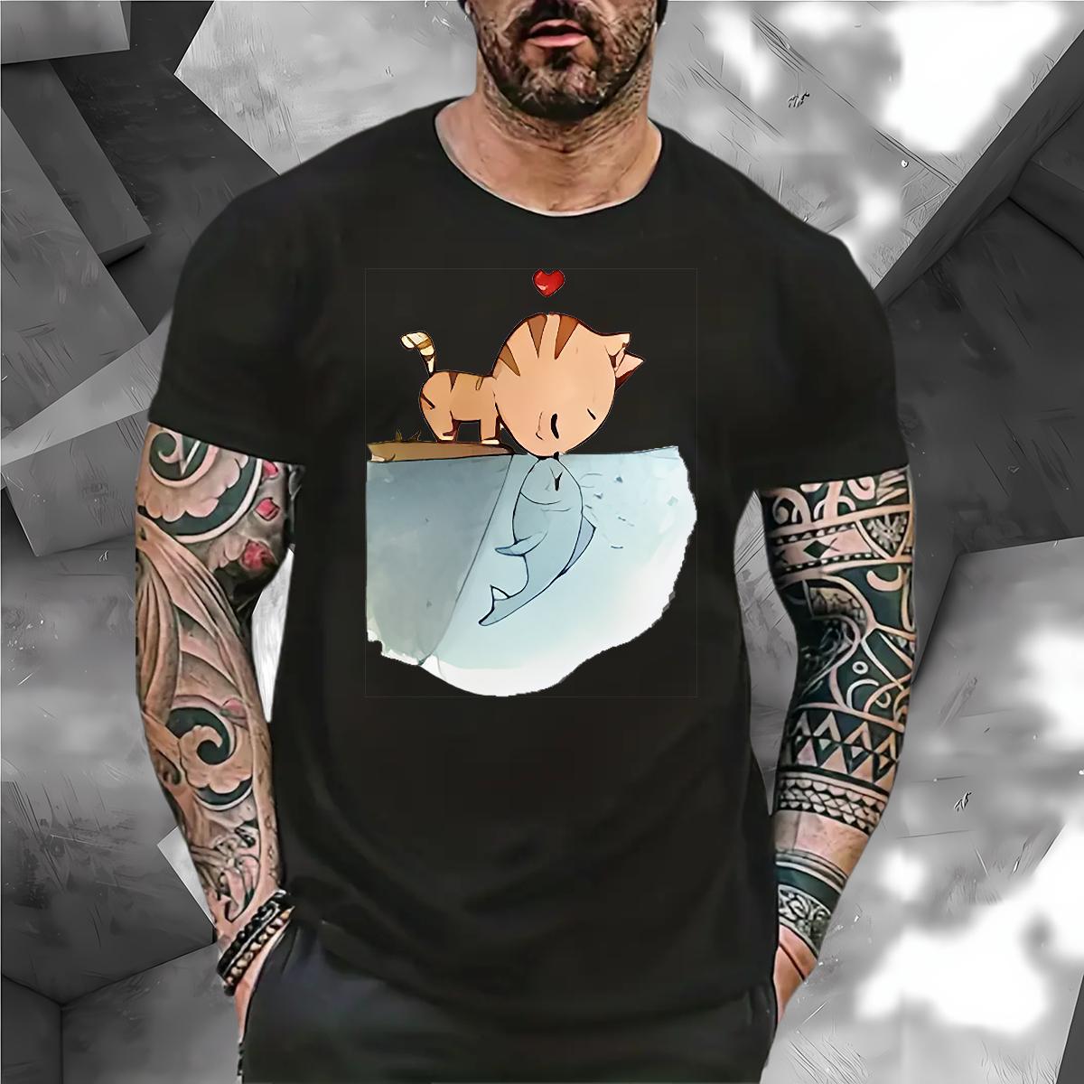 Fashion Design Men T Shirts 230g Pure Cotton cat Summer Casual Tops Shirt O-Neck Short Sleeve Cool Design Men Clothes T-Shirt Asian Size