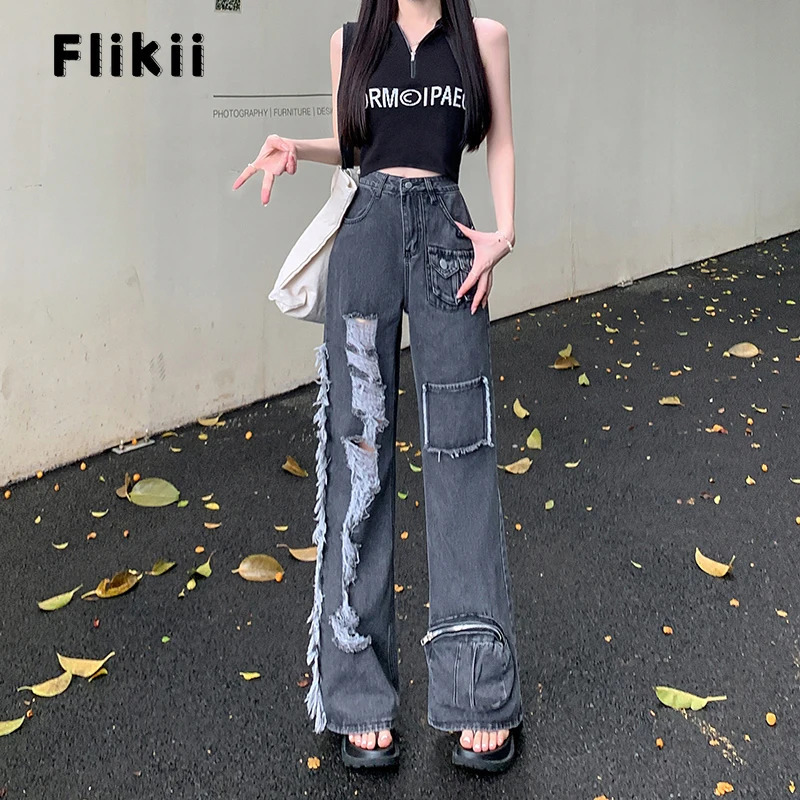 Womens Y2K Baggy Japanese 2000s Denim Trouser Washed Vintage Casual Pants High Street Retro High Waist Trashy Ripped Jeans 240806