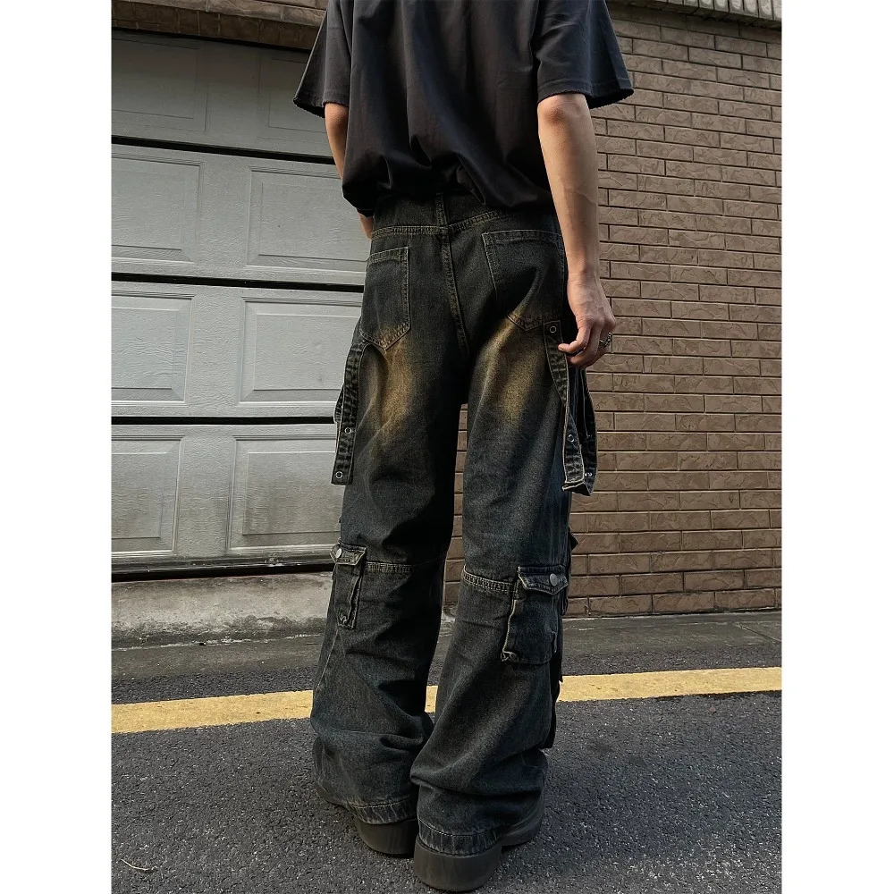 American Retro Yellow Mud Color Multi-pocket Cargo Jeans Mens and Womens Loose Straight Leg Hip Hop Pants Baggy Jeans 240806