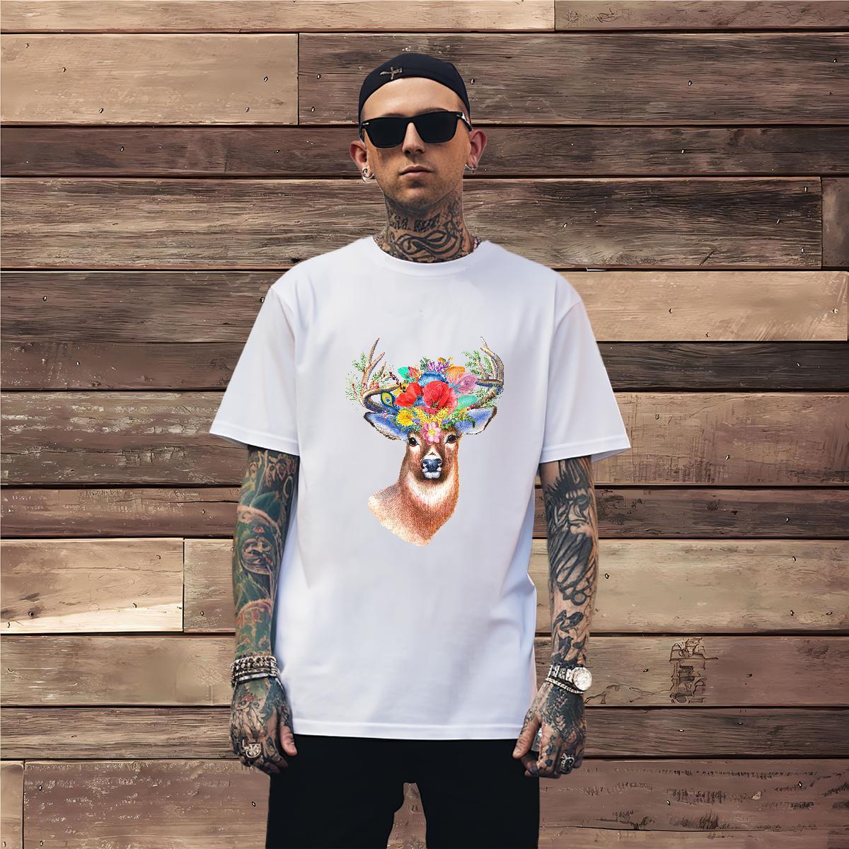 T-Shirts 230g 100% Cotton Deer Street wear Hip Hop Round Neck Short Sleeve Cartoon Print Men Tshirts Brand Loose Top Tees