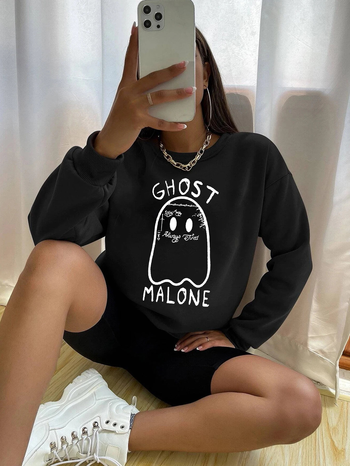 Creative Troublemaker Left Chest Print Round Neck Sweatshirt Women Thin Hooded Sweatshirt Y2K High Street Halloween Clothing 240806
