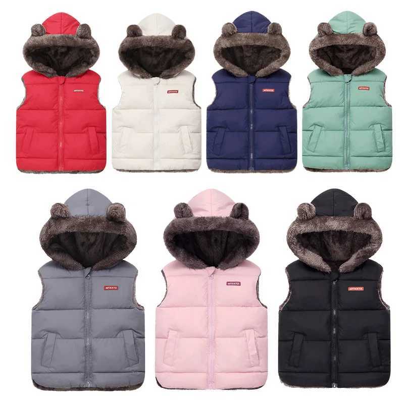 New autumn and winter plush hooded bunny ear fashionable and cute sports vest and 1-6 year warm solid color vestW240724