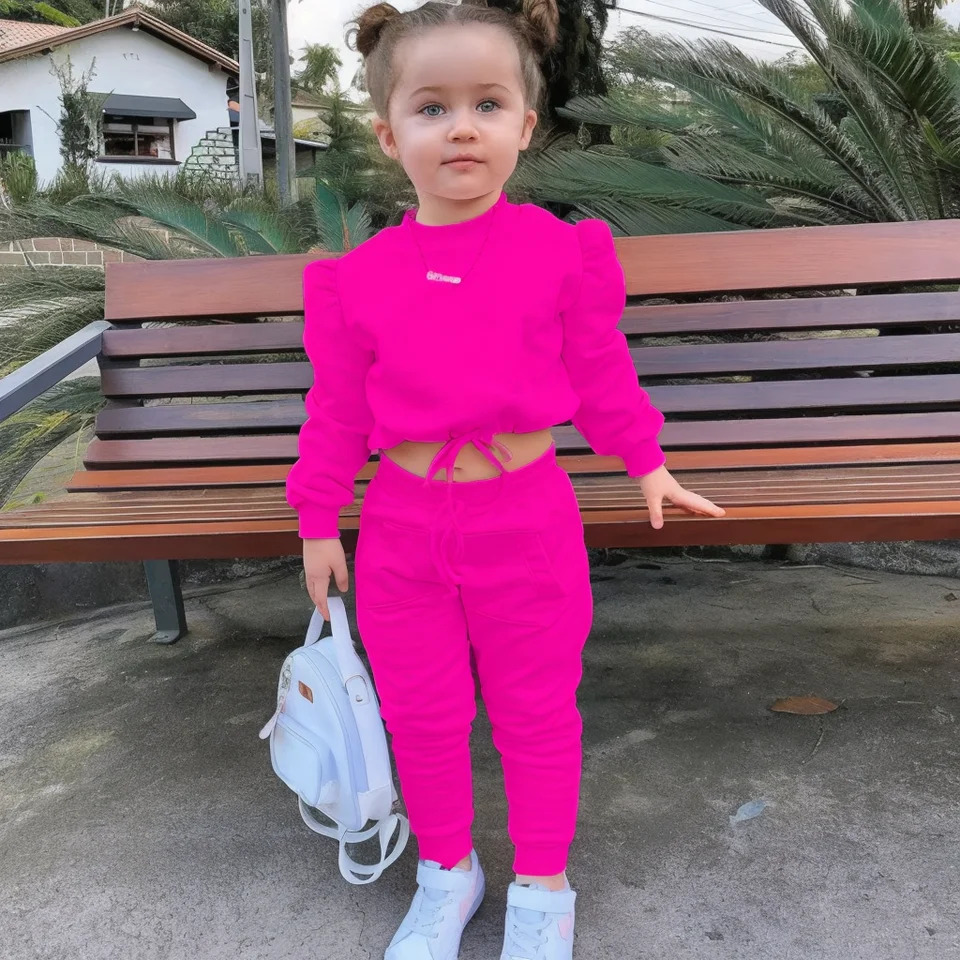 1-8Years Childrens Kids Girls Fall Clothing Outfits Solid Color Long Sleeve Crop TopsSport Pants Trousers Fashion Clothes Sets 240729