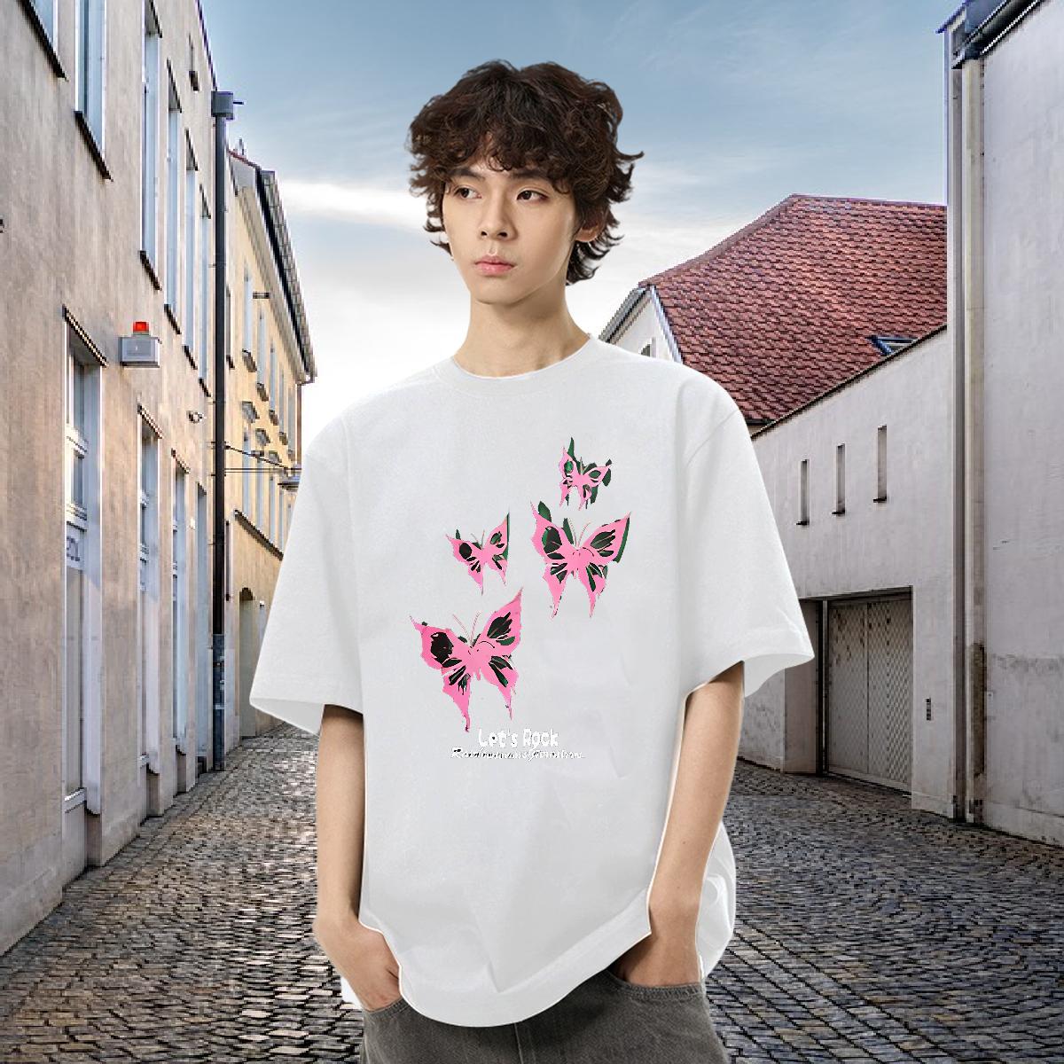 DIY T Shirts Men 100% Cotton 230g Butterfly Summer Casual Tshirts Breathable Short Sleeve TOP Quality Men Tees White Plus Size