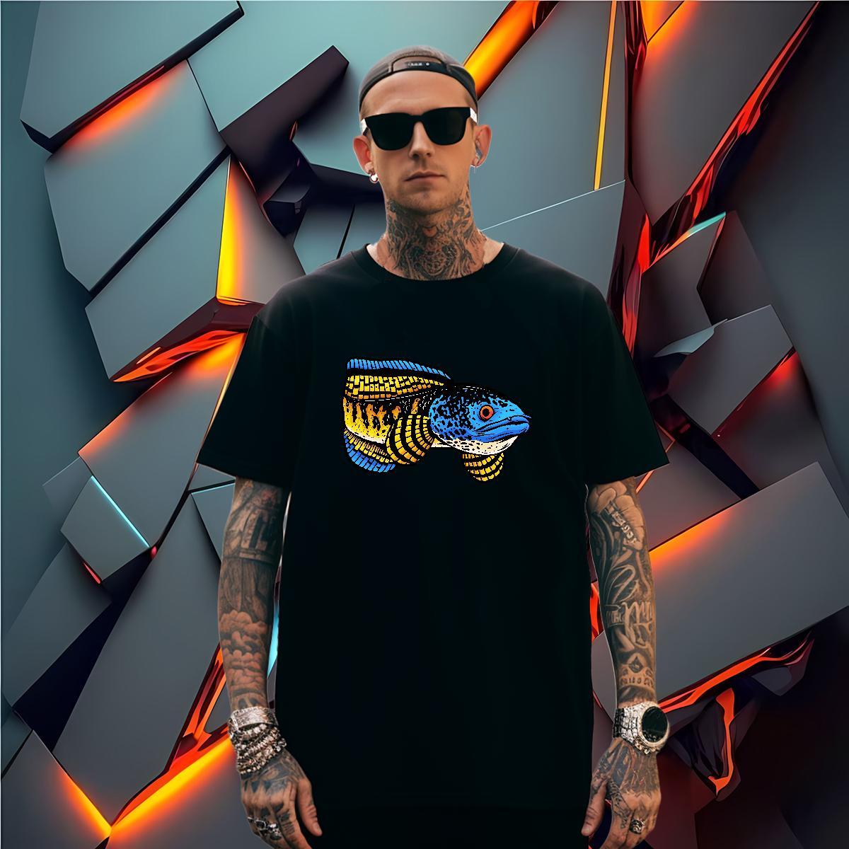 Men T Shirts 100% Cotton 230g fish Beach Breathable Short Sleeve Cartoon Printing L-4XL Men Tshirts New Arrival Loose Fit Tops Tees