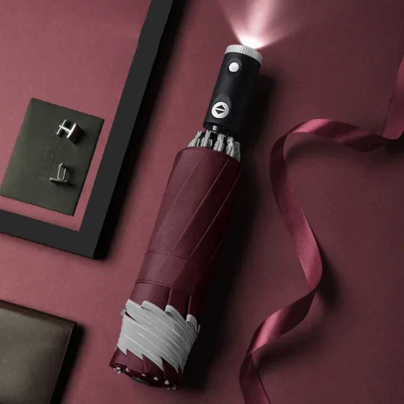 Fully Automatic Reverse Folding Umbrella With LED Flashlight 10Ribs Windproof Reflective Stripe UV Umbrellas For Sun Or Rain DayXJ240806