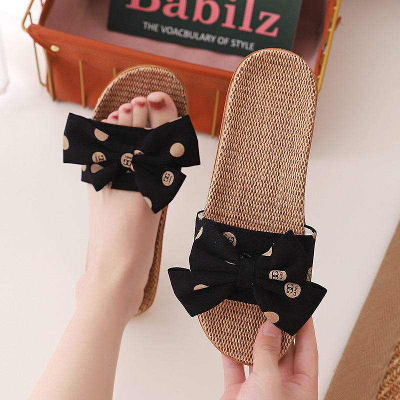 Bow Linen Ladies Indoor Anti-slip Thick-soled Slippers Home Shoes for Women