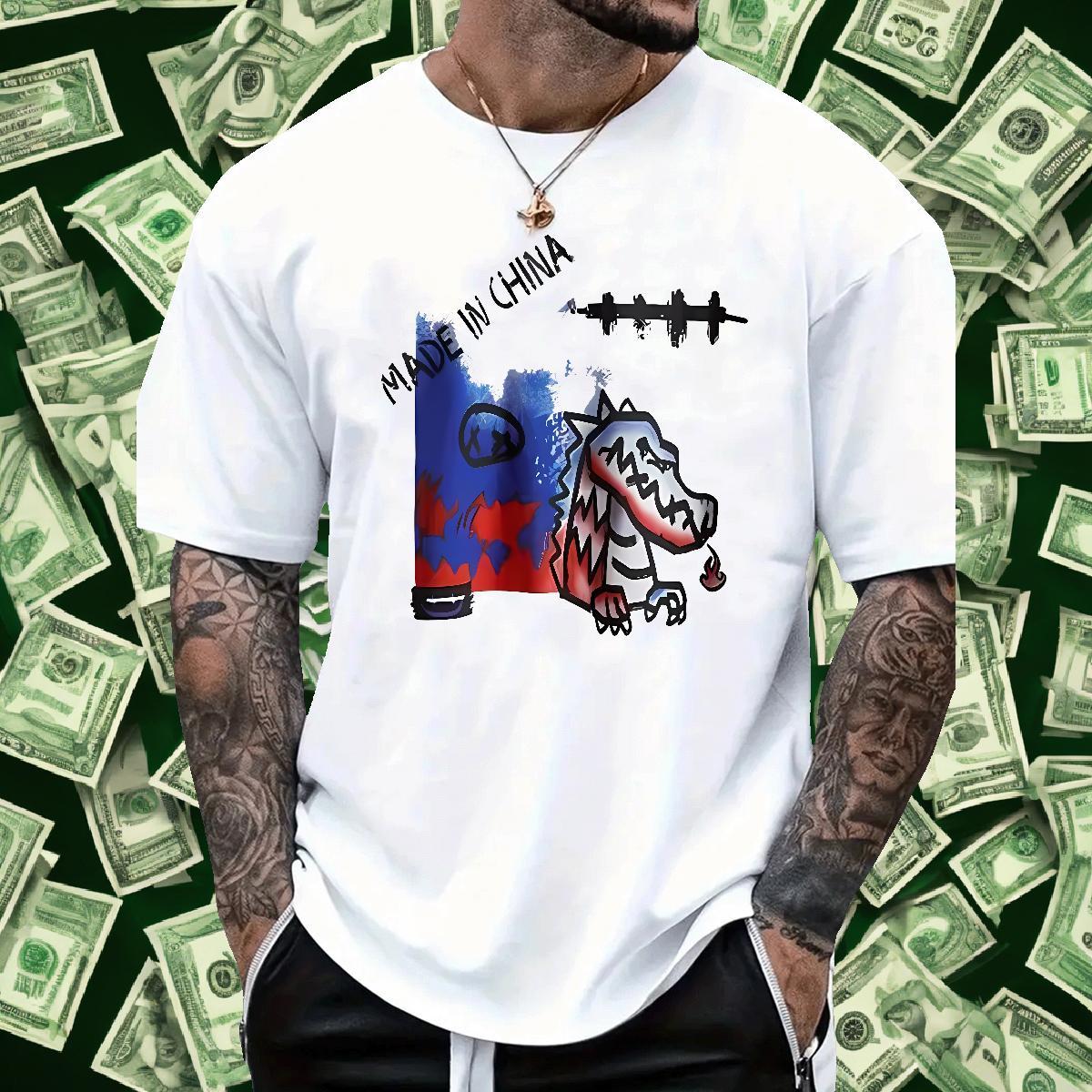 T-Shirts for Men 230g 100% Cotton dinosaur Street Wear Crew Neck Plus Size Cartoon Tshirts New Arrival Brand Tops Tees