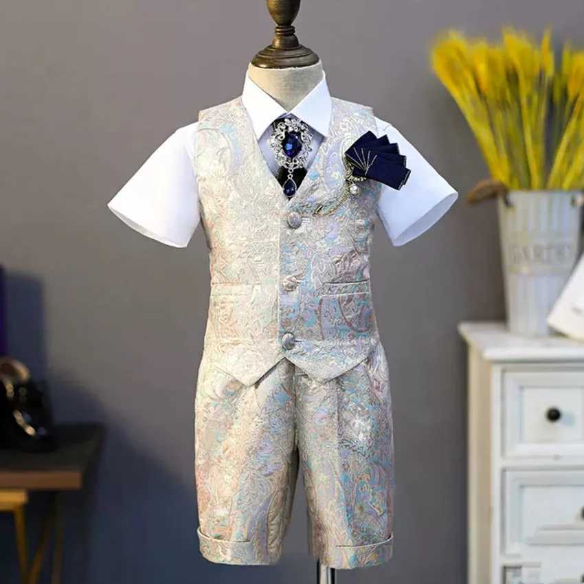 Suits 5PCS Childrens Formal Vest Suit Wedding Birthday Baptism Party Boy Gown Piano Performance Costume Kids Waistcoat Sets A2174
