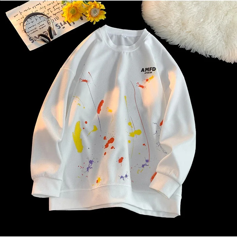 Ink Graffiti Sweatshirt Fashion Autumn Men Loose Waffle Sweatshirts Youthful Energetic Pullover Couple Clothing 240802