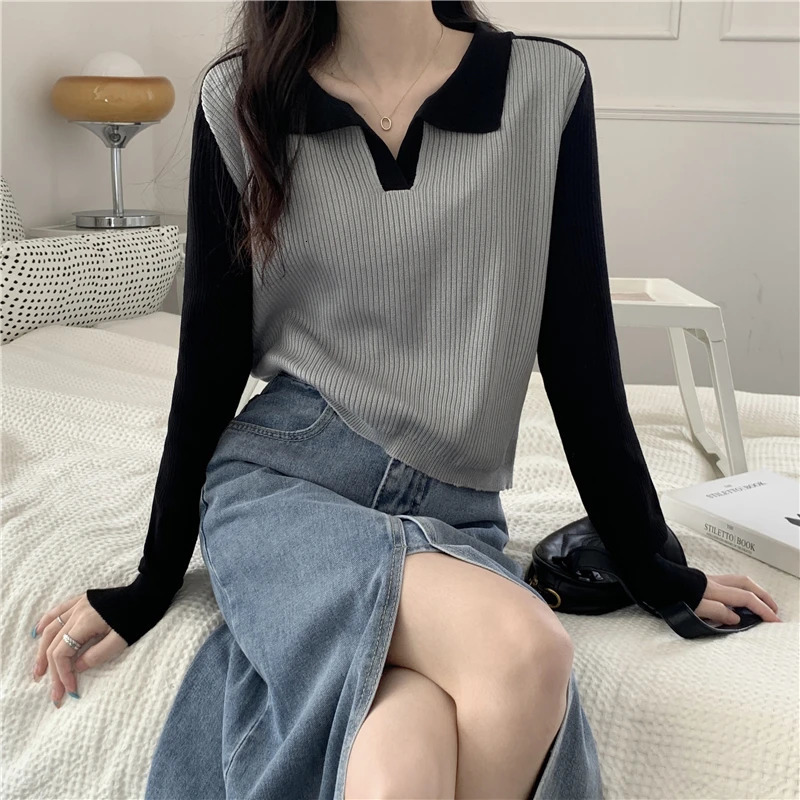 Womens Autumn Colorful Lock Polo Collar Long Sleeve Knitted Womens Top T-shirt Y2k Top 240827