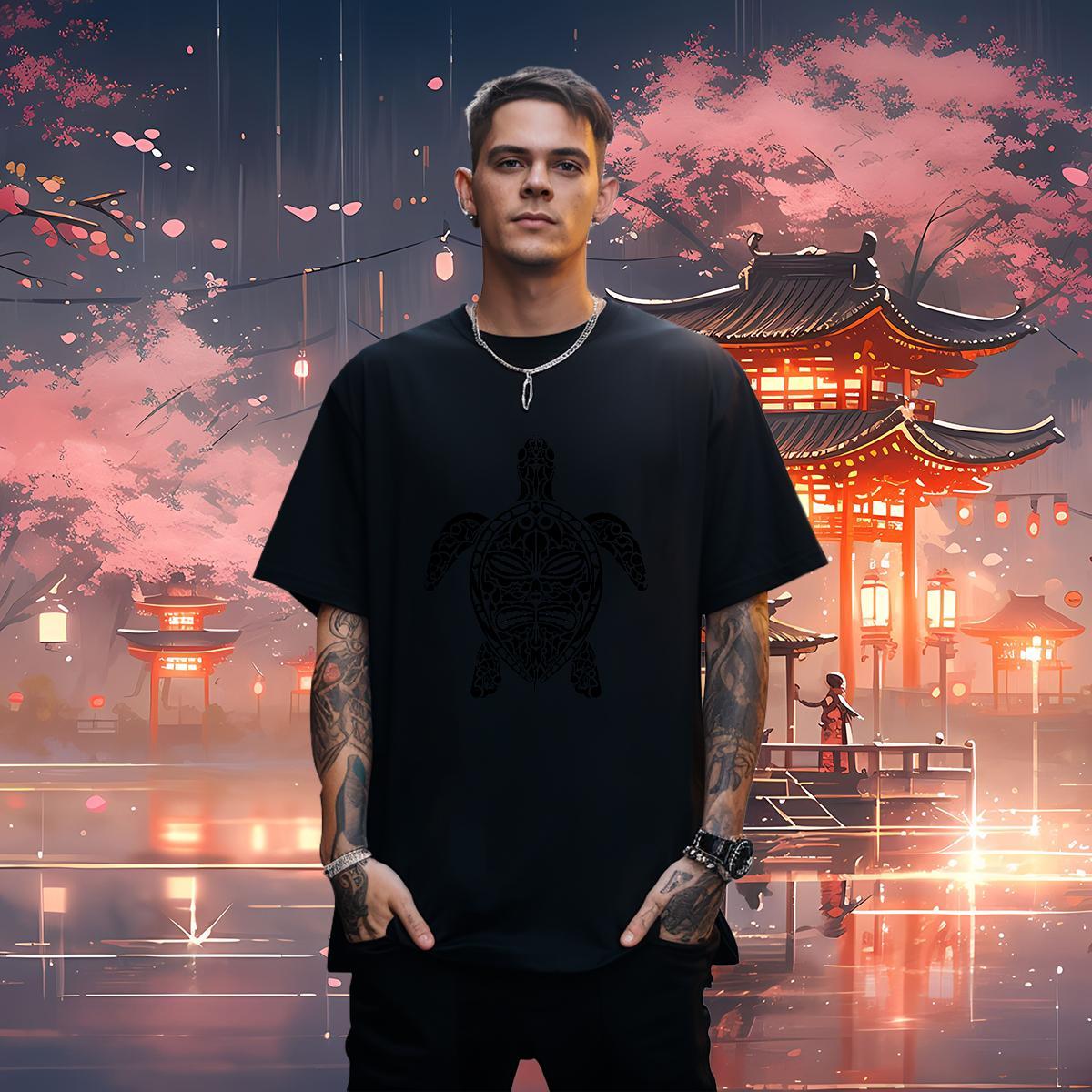 T Shirt For Man 100% Cotton 230g tortoise Street Wear Breathable Short Sleeve Floral Print Tshirt for Man Woman 2024 New Loose Fit Tee Shirt