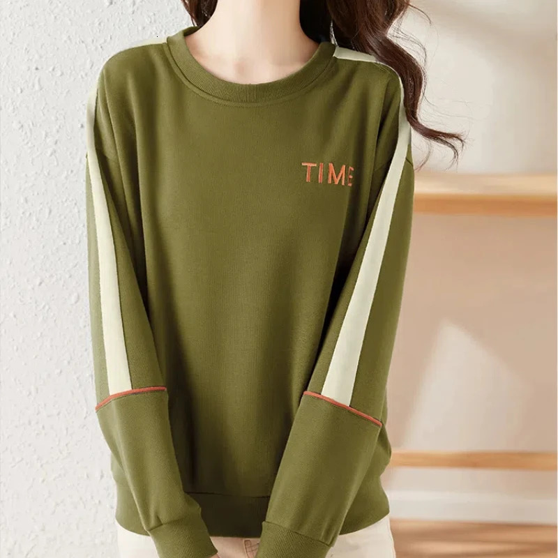 Korean Fashion Spring Autumn Womens O-Neck Letter Embroid Contrast Color Patchwork Casual Loose Long Sleeve Sweatshirts Tops 240806