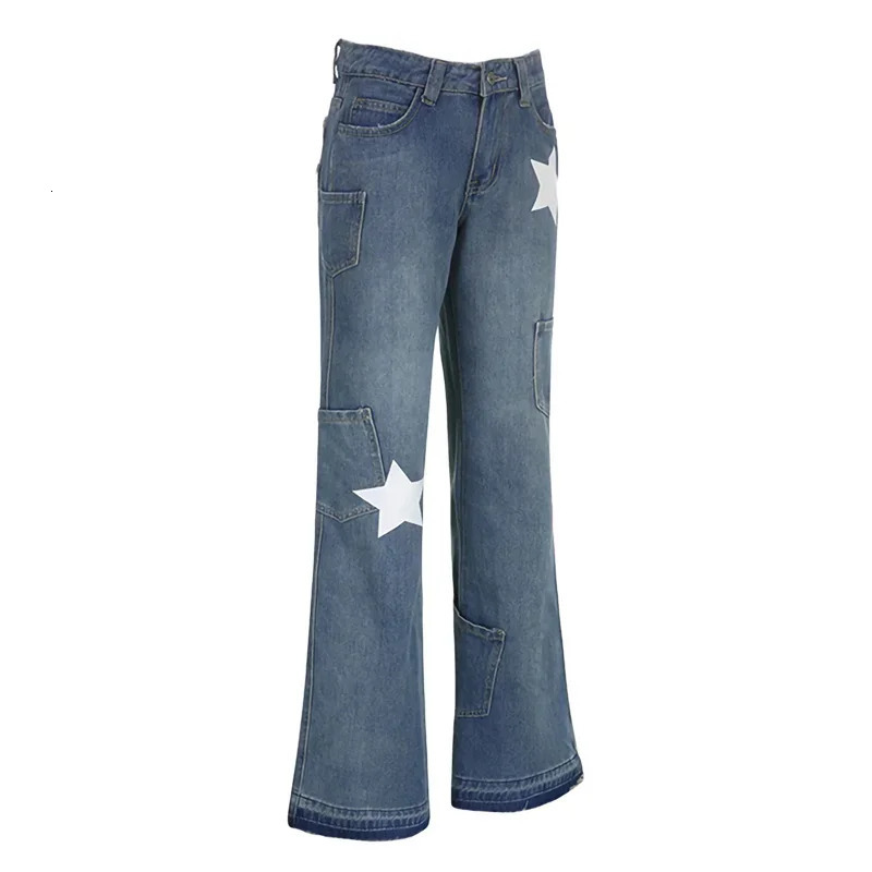 y2k Star Jeans Women Fairy Grunge Aesthetic Low Waist Flared Pants with Pockets Spring Fall Trousers 2000s Streetwear 240806