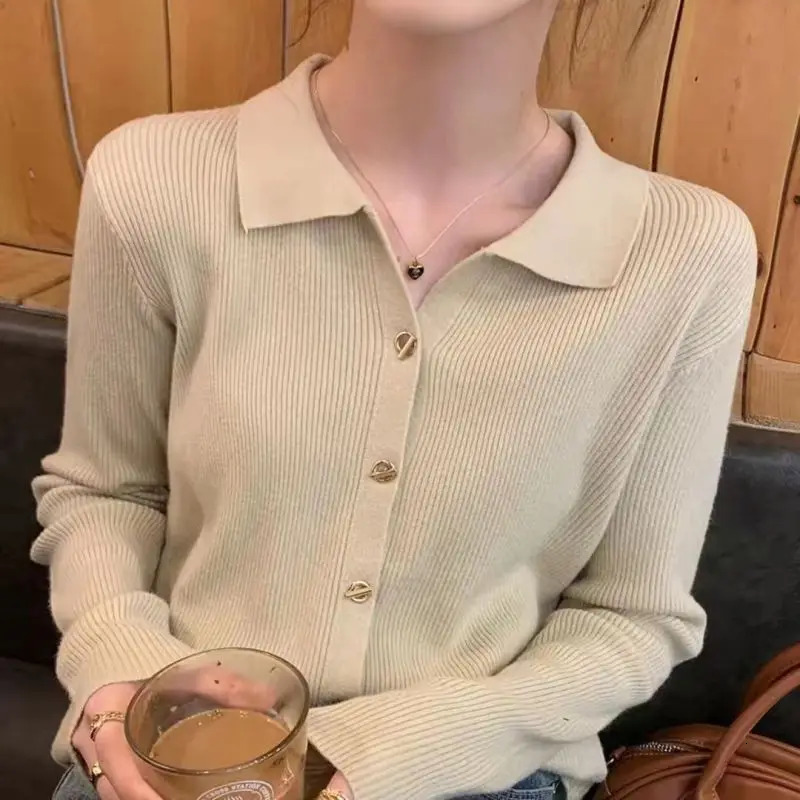 Summer Loose Casual Korean Retro Womens Shirt Solid Color Simple Button Collar Long Sleeve Y2K Fashion Top 240827