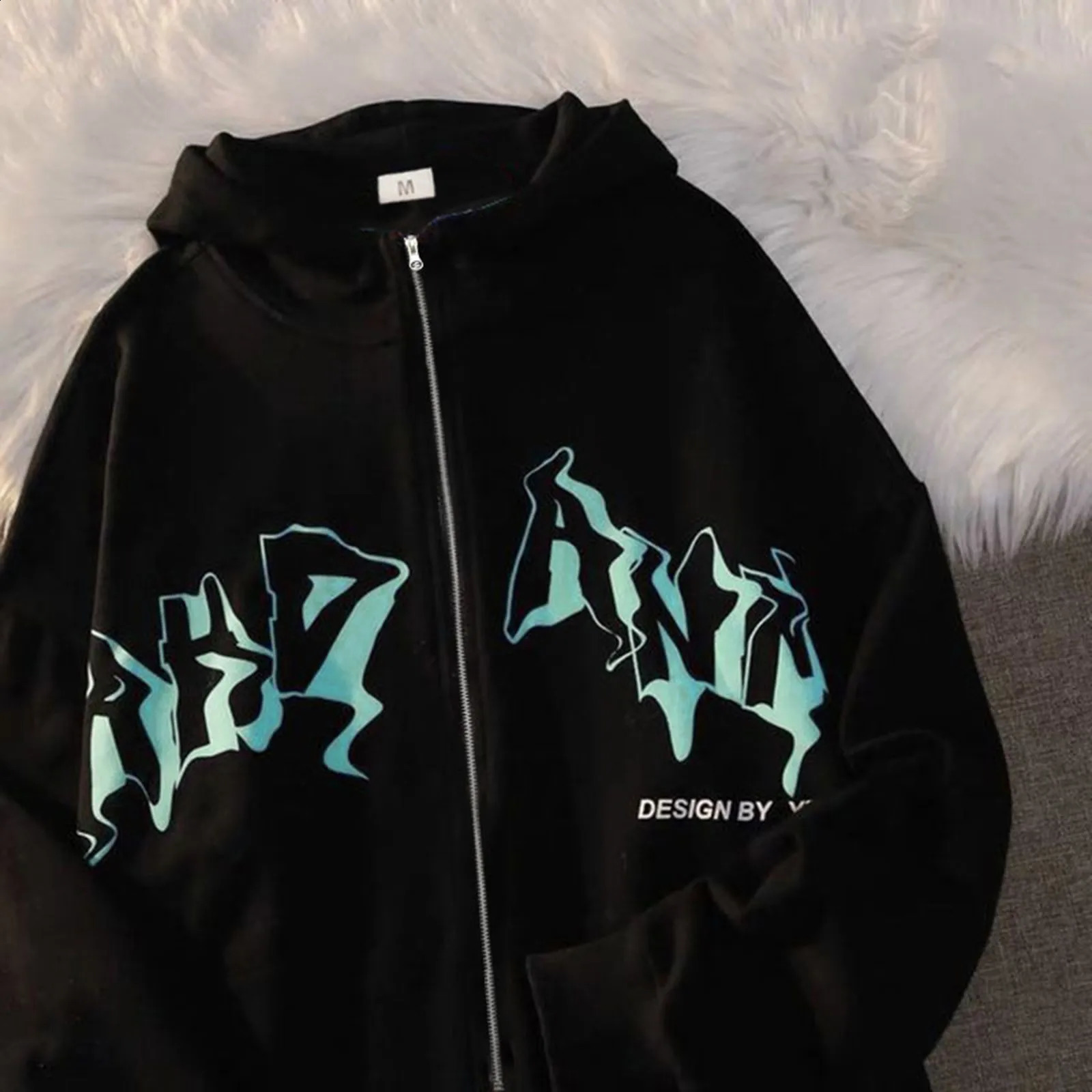 Vintage Zip Up Hoodies Mens Harajuku Casual Letter Print Long Sleeve Loose Hooded Sweatshirts Fashion Streetwear Jackets Coats 240805