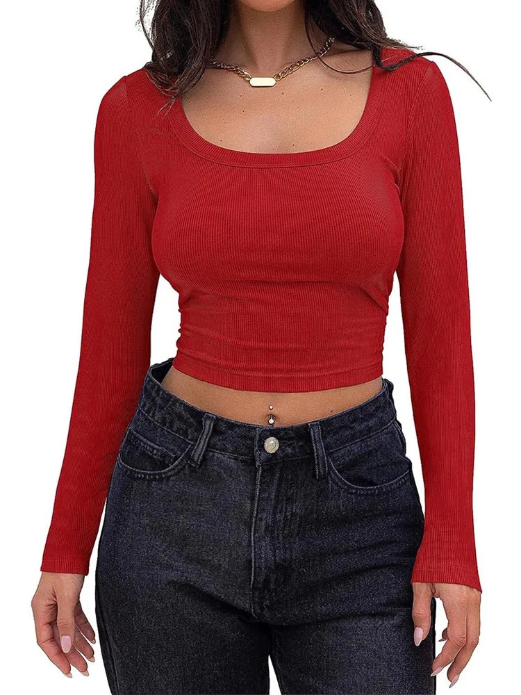 Womens Long Sleeve Square Neck Crop Top Ribbed Slim Fitted Y2K Casual T-Shirt Tops 240806