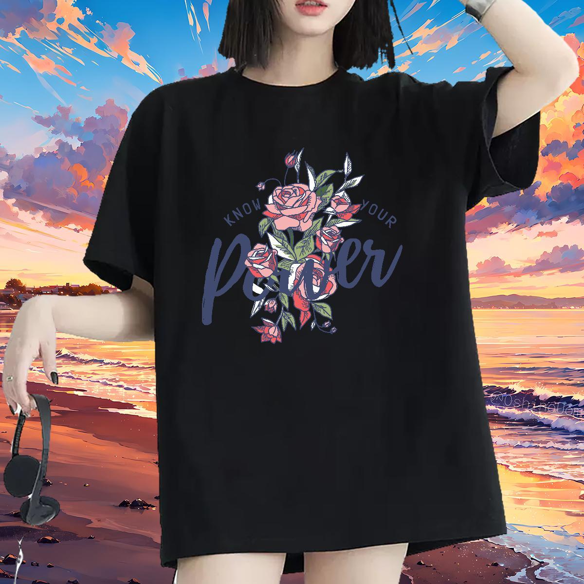 Female T Shirts Women O Neck Short Sleeves Women Tshirts Anime Oversized flower Casual 230g Cotton New Tops