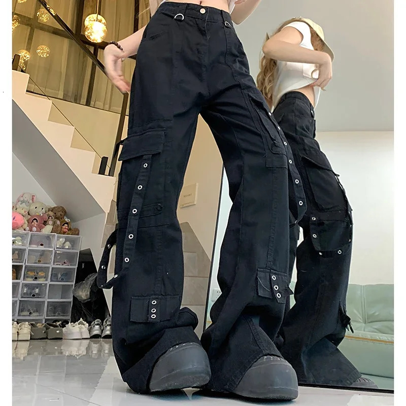 Woman High Waist American High Street Wide Leg Jeans Female Loose Oversized Cargo Pants Lady Black Denim Straight Leg Trousers 240806