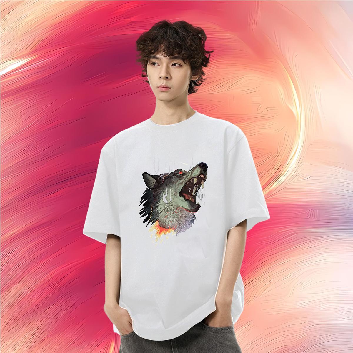 Casual New T-Shirts 230g Cotton wolf Hip Hop Clothings Breathable Crew Neck Designer Men Tops Tees Black Oversized