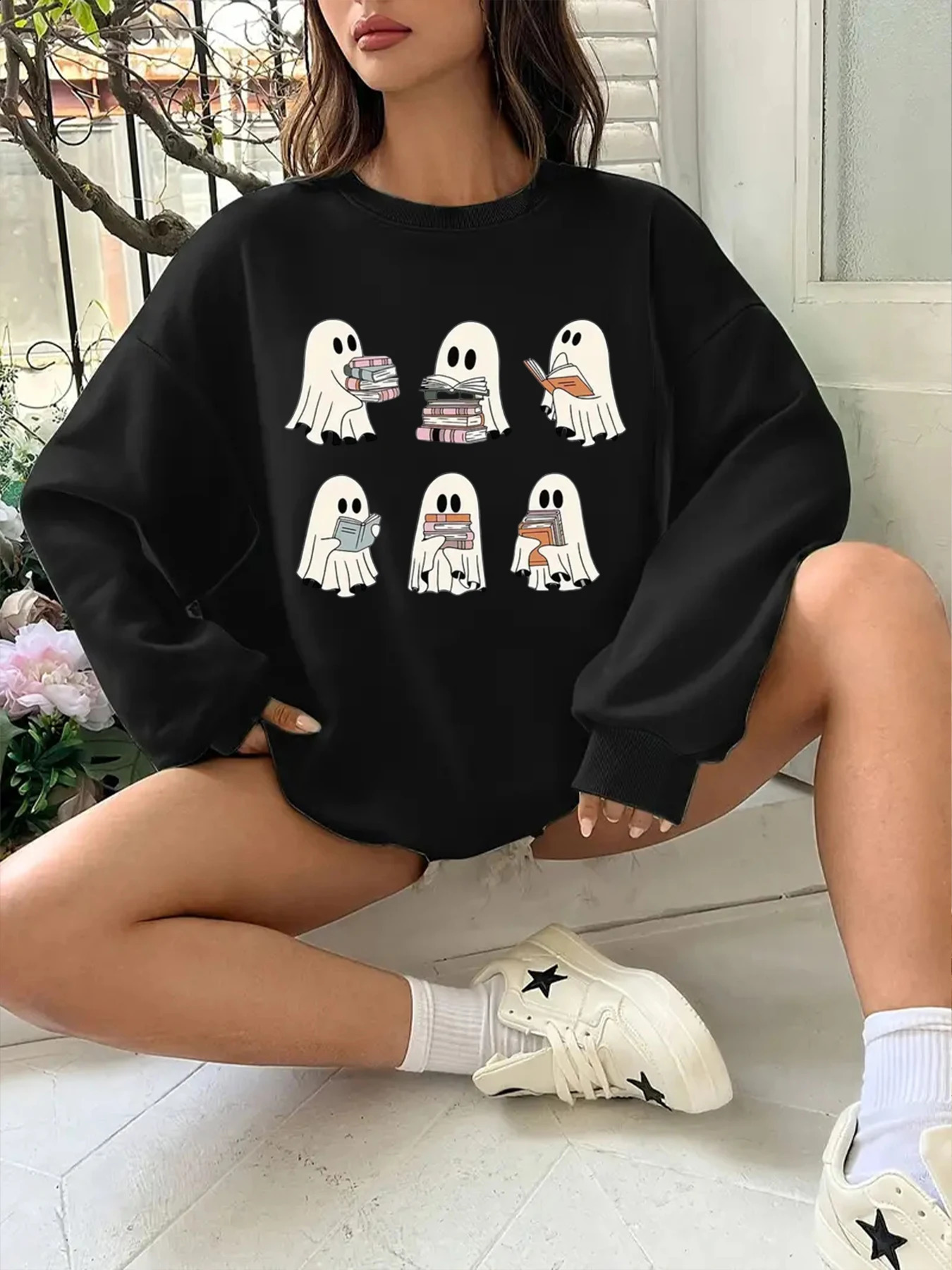 Creative Troublemaker Left Chest Print Round Neck Sweatshirt Women Thin Hooded Sweatshirt Y2K High Street Halloween Clothing 240806