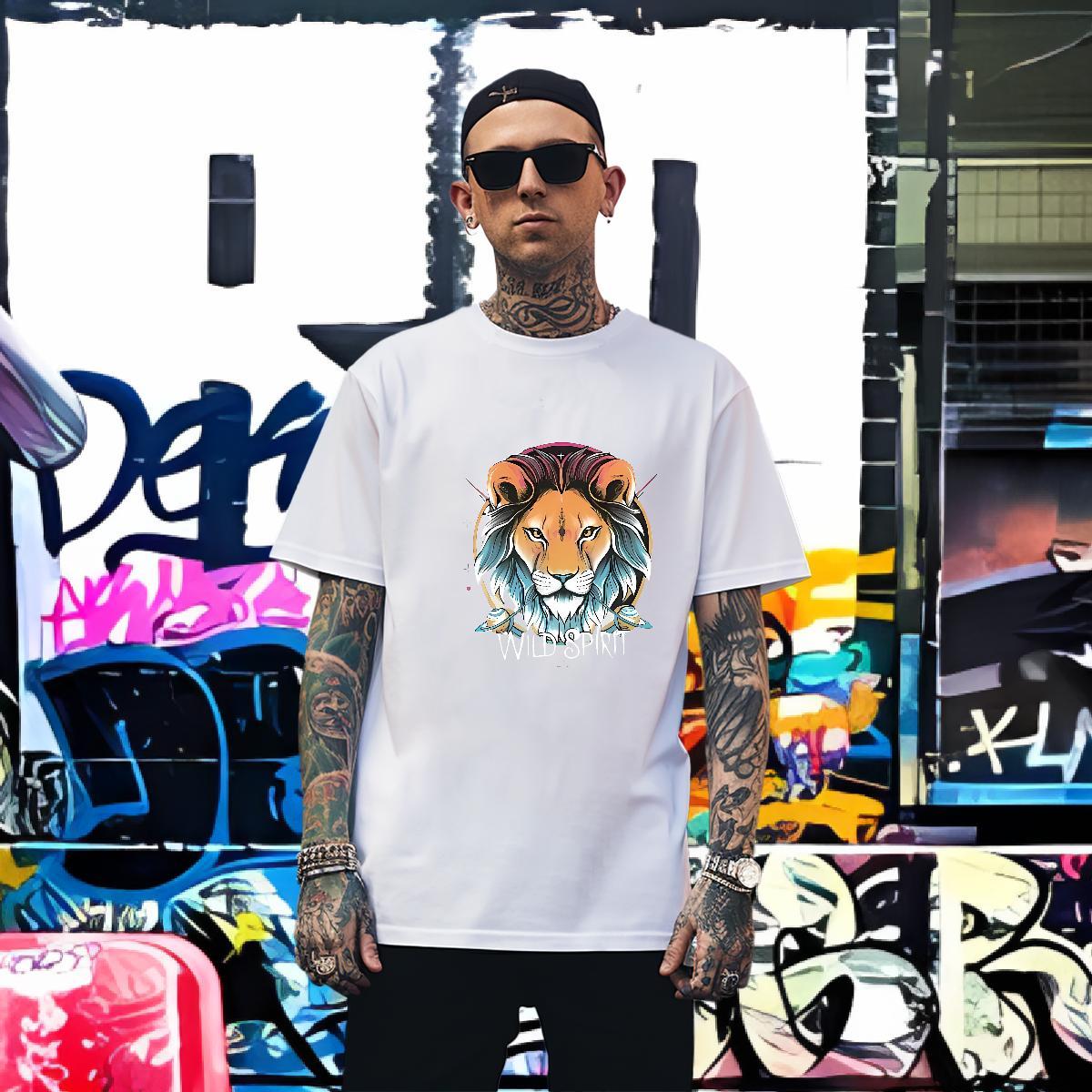 Mens T Shirts 230g 100% Cotton lion Summer Casual Breathable Crew Neck Floral Print Men Clothes T-Shirt Fashion Design Comfortable Clothings