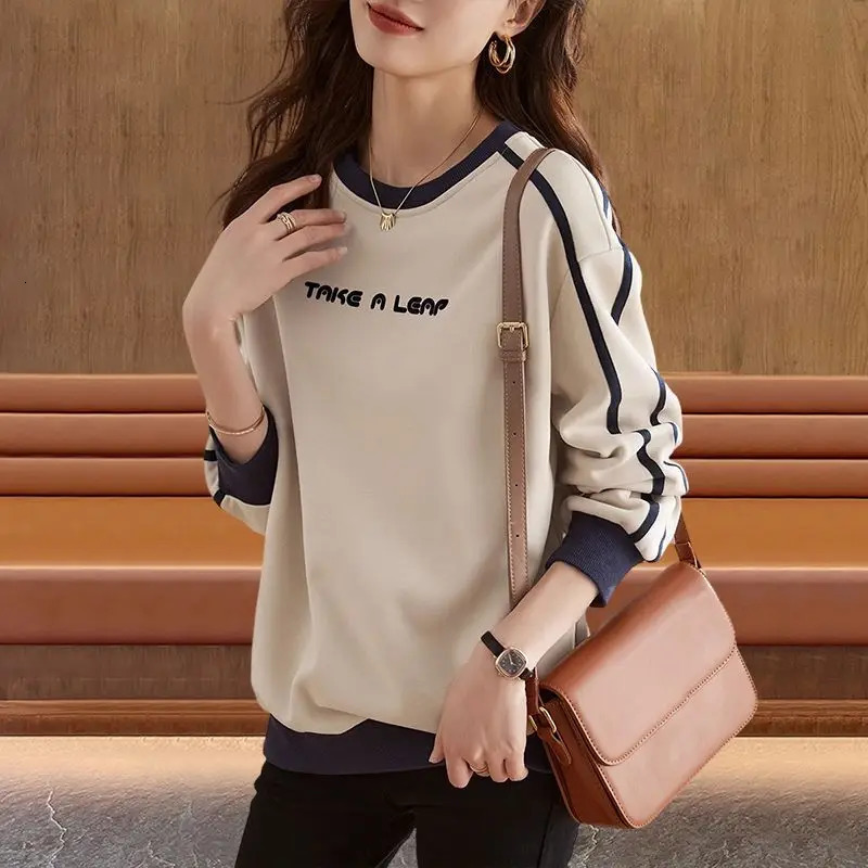 Cotton Casual Letter Top Womens Spring and Autumn Style Contrasting Color Patchwork Commuting Casual All-match Hoodies 240806
