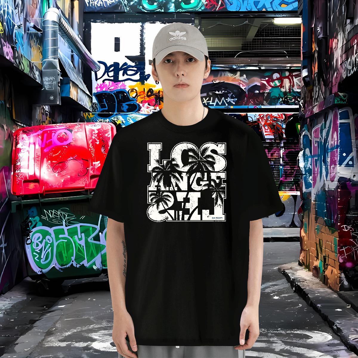 Men T Shirts 100% Cotton 230g painting Sport Crew Neck Anime Men Tops Tees Wholesale Loose Tops Shirt