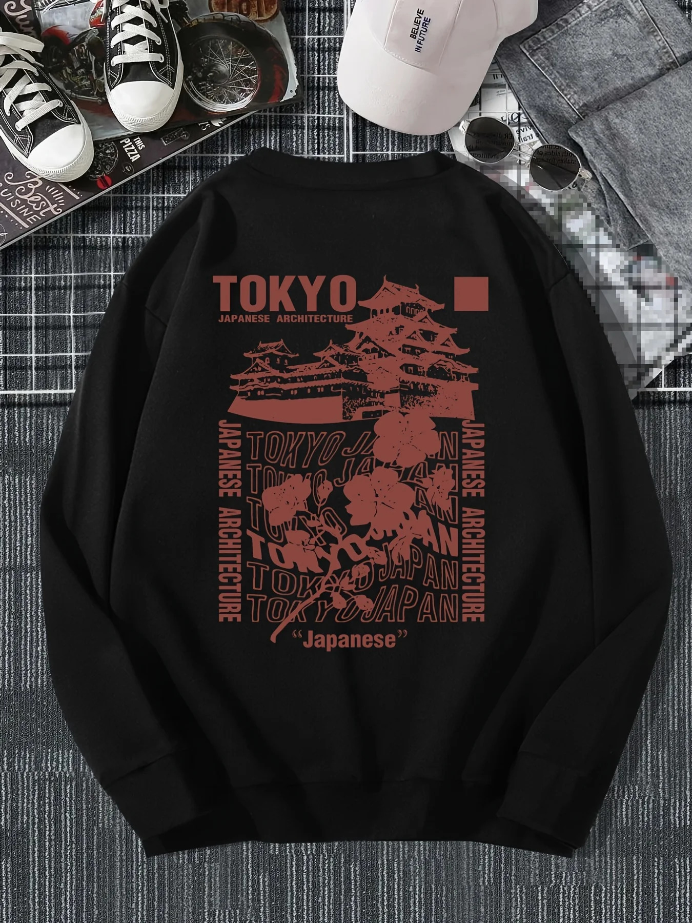Japanese Tokyo Sakura Printing Spring Casual Women Pullover Sweatshirt Warm Soft Hoodies Loose Crewneck Fleece Female Clothing 240806