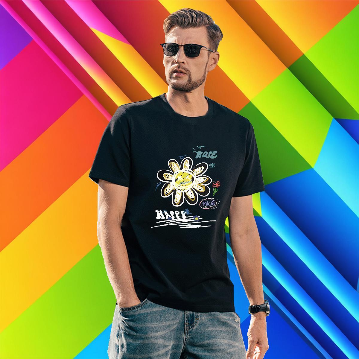 Fashion New T-Shirts for Men 230g Pure Cotton flower Street Casual Tees Shirts Round Neck Short Sleeve Brand Tshirt for Man Woman Asian Size
