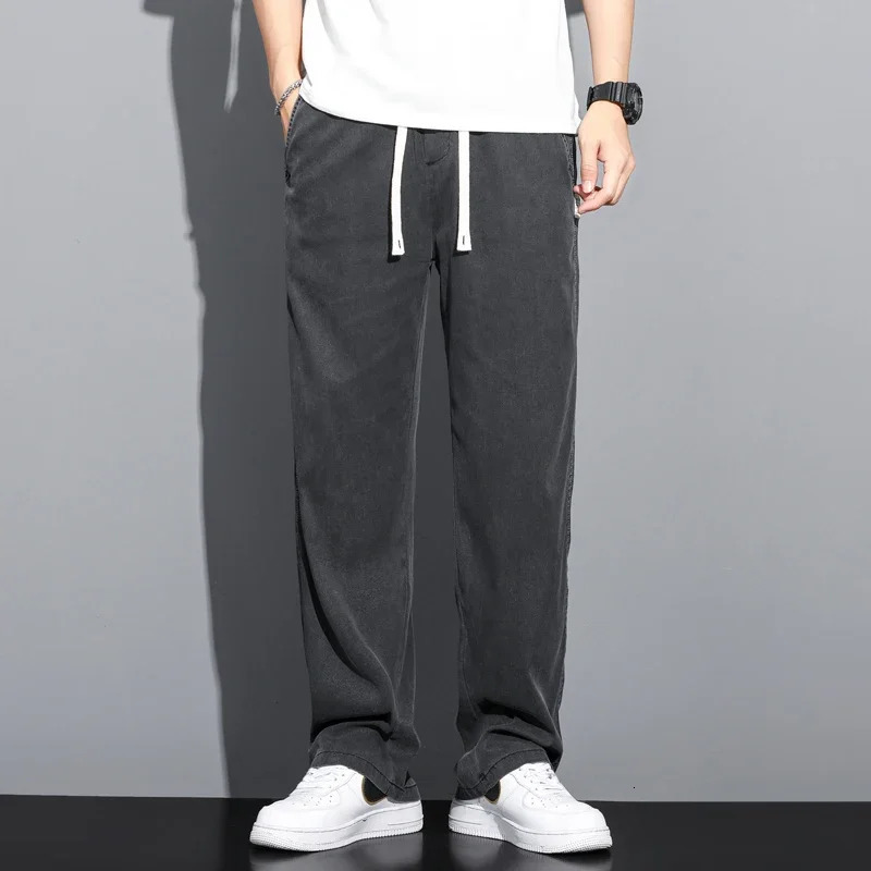 S5XL 6StyleMens Loose Jeans Summer Soft Lyocell Thin Fabric Straight Pants Drawstring Elastic Waist Korea Casual TrousersY2K 240806
