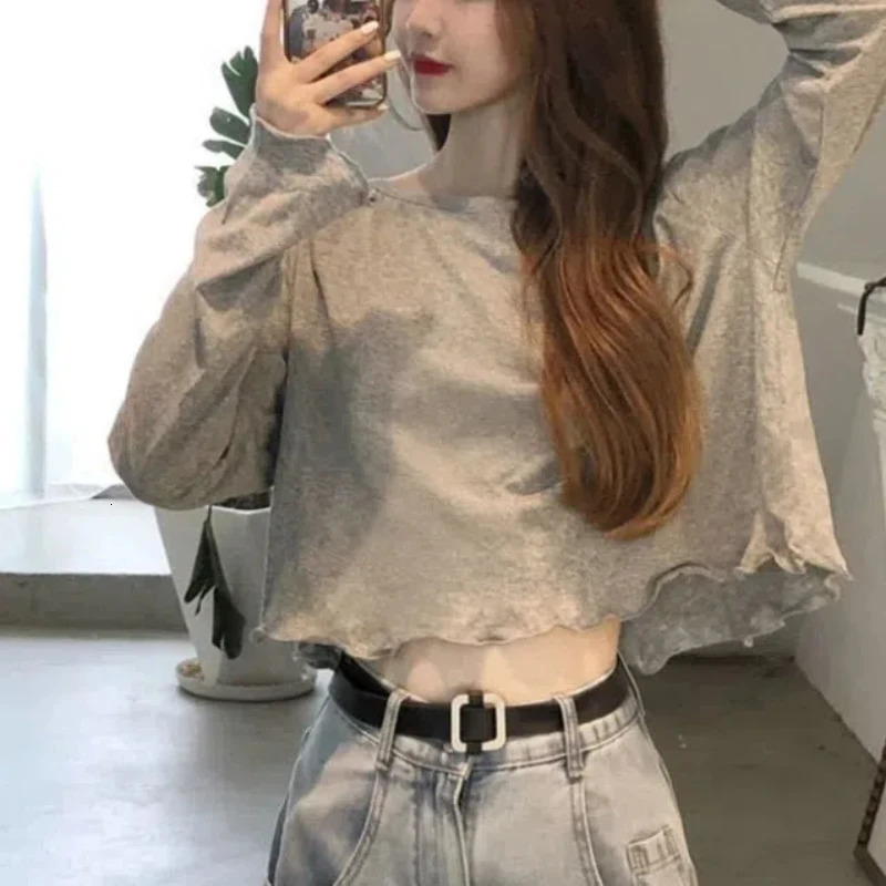 Korean Womens Spring Spliced Pullover Round Neck Fashion Solid Color Loose Minimalist Casual Long Sleeved T-shirt Top 240806