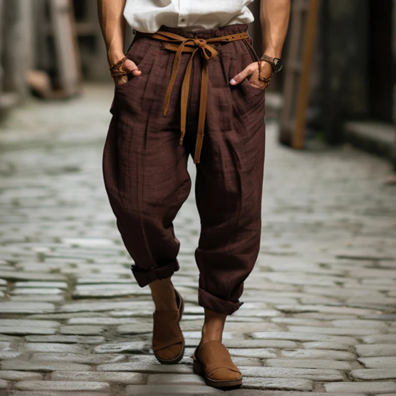 Streetwear Vintage Laceup Straight Pants For Men Casual Solid Color Cotton Trousers Mens Autumn Daily Leisure Breathable 240806