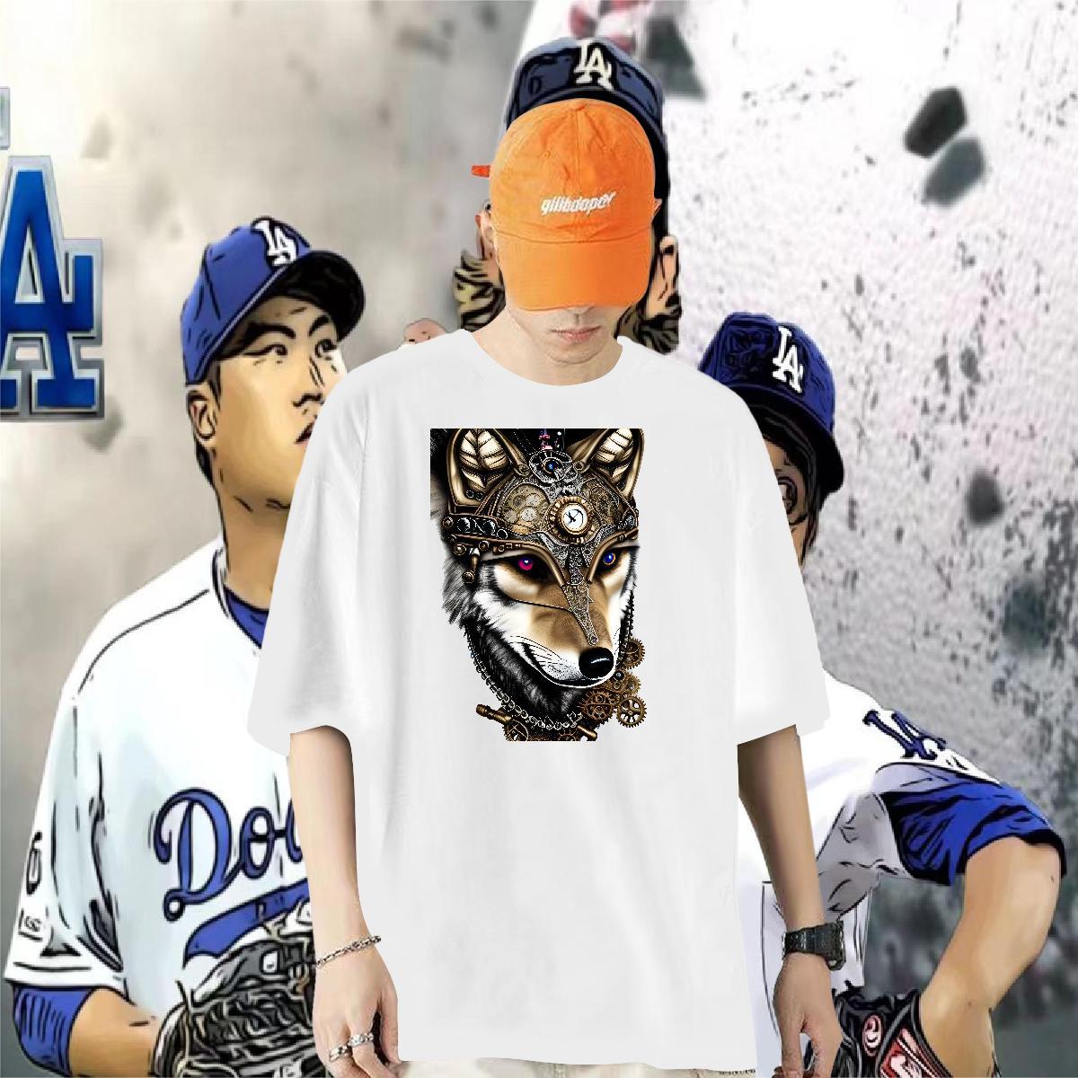 New Arrival T shirt 230g Cotton wolf High Street Hip Hop Polos Breathable Crew Neck Brand Men Tees Plus Size Cartoon