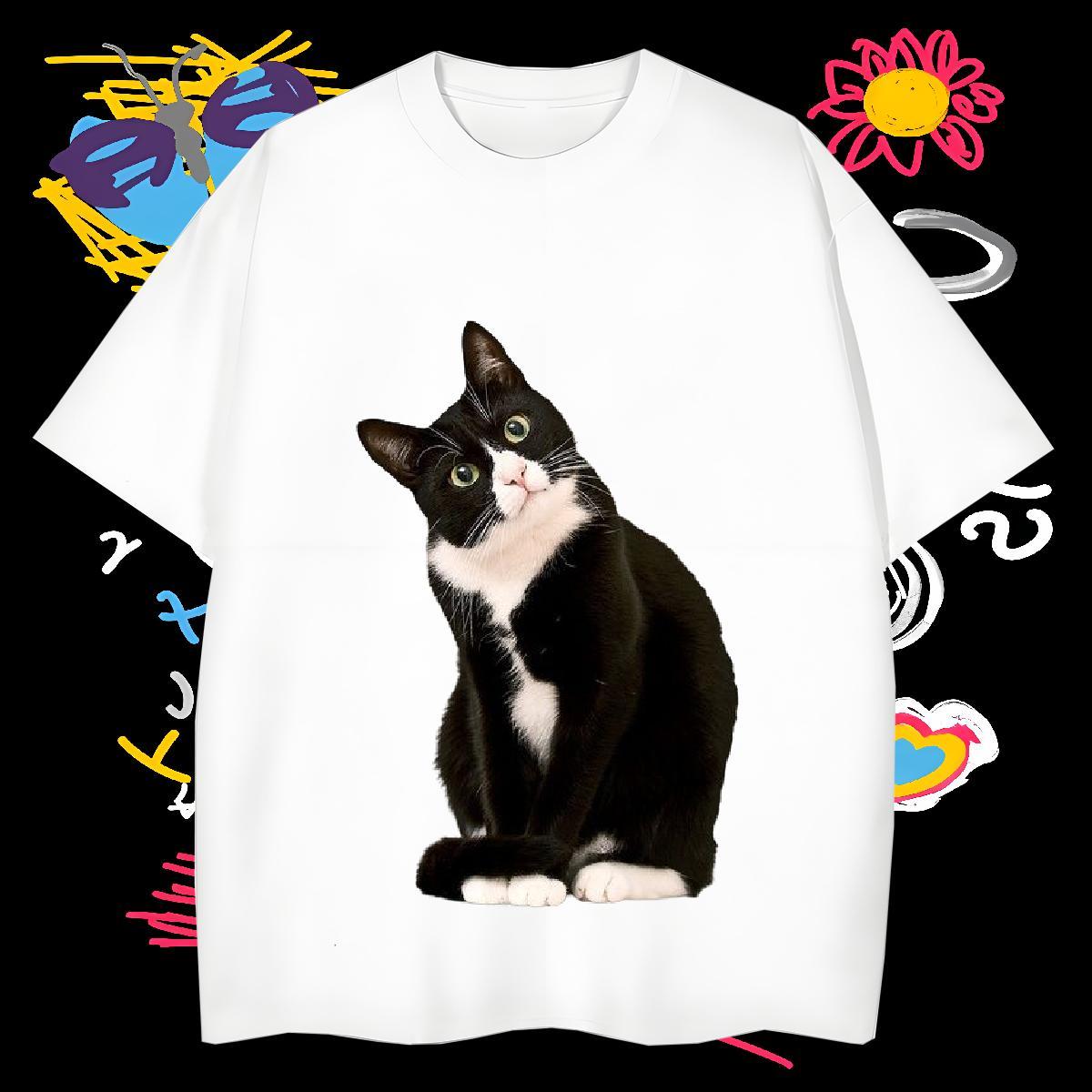 T Shirt For Man 230g 100% Cotton cat High Street Hip Hop Breathable Short Sleeve Customized Print Men Clothes T-Shirt DIY Brand Tops